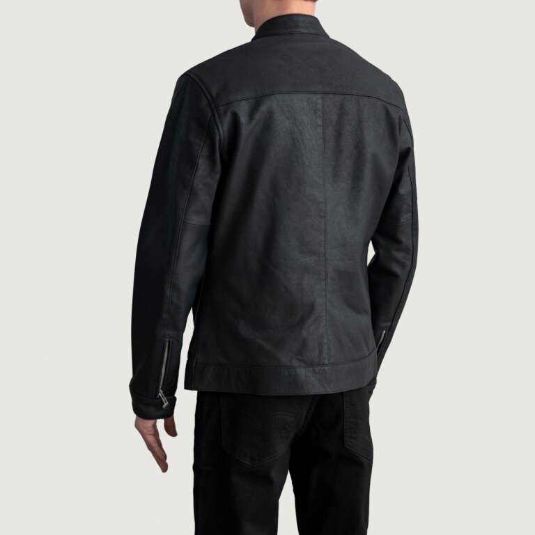 Mens Zen Tumbled Black Leather Biker Jacket Tilted Back-8-1724075607029